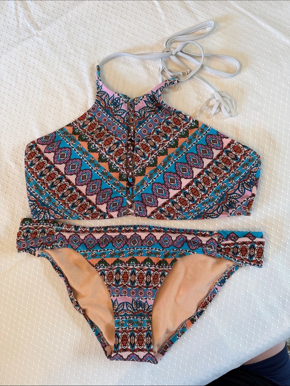 Jessica Simpson Blue Turquoise Pink Patterned High Neck Bikini